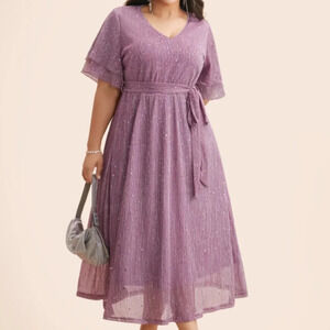 BloomChic plus size Plain V Neck Mesh Pocket Ruffle Tiered Belted Midi Dress